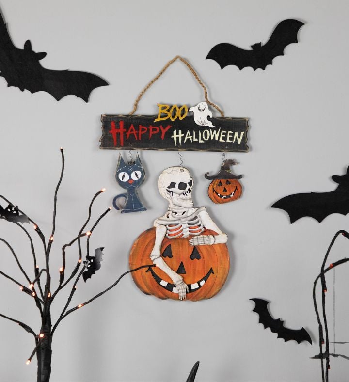 14.5" Skeleton With Jack-o-lanterns And Black Cat Wall Sign