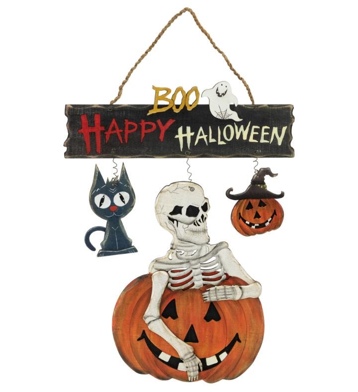 14.5" Skeleton With Jack o lanterns And Black Cat Wall Sign