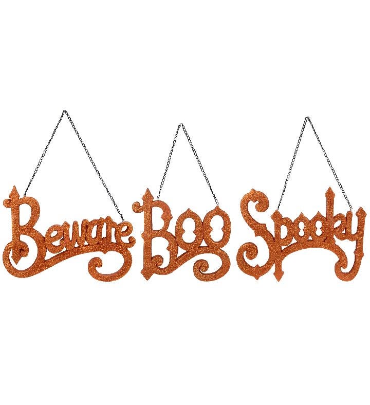 Set Of 3 Boo Spooky And Beware Hanging Halloween Signs 5.75"