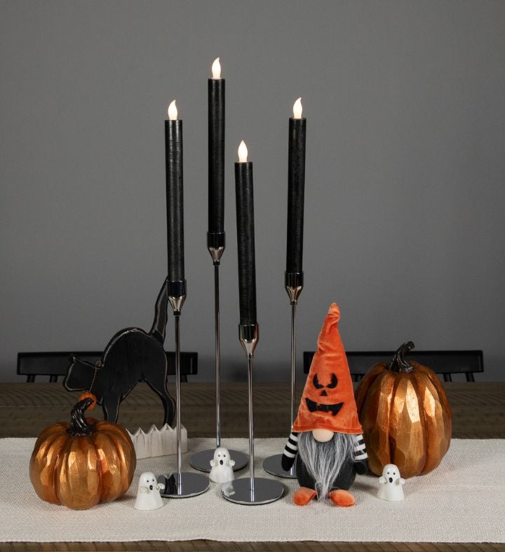 Set Of 4 Solid Black Led Flickering Flameless Halloween Taper Candles 9.5"
