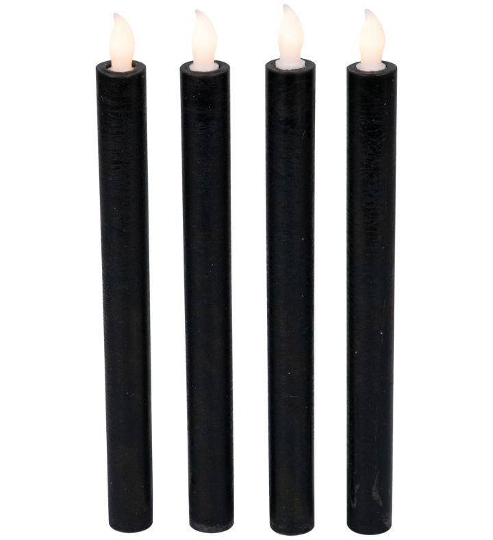 Set Of 4 Solid Black Led Flickering Flameless Halloween Taper Candles 9.5"