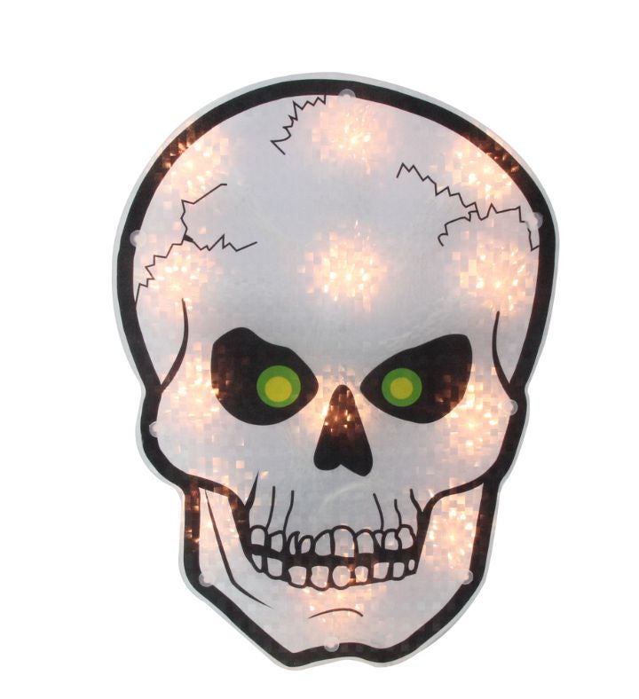 Lighted Holographic Halloween Skull Window Silhouette - 12" - Clear Lights