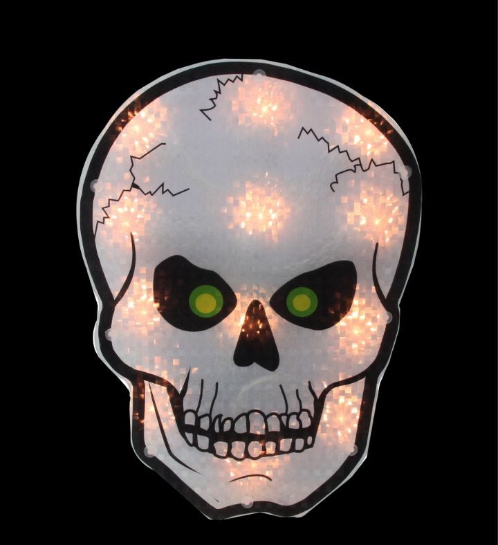 Lighted Holographic Halloween Skull Window Silhouette   12"   Clear Lights