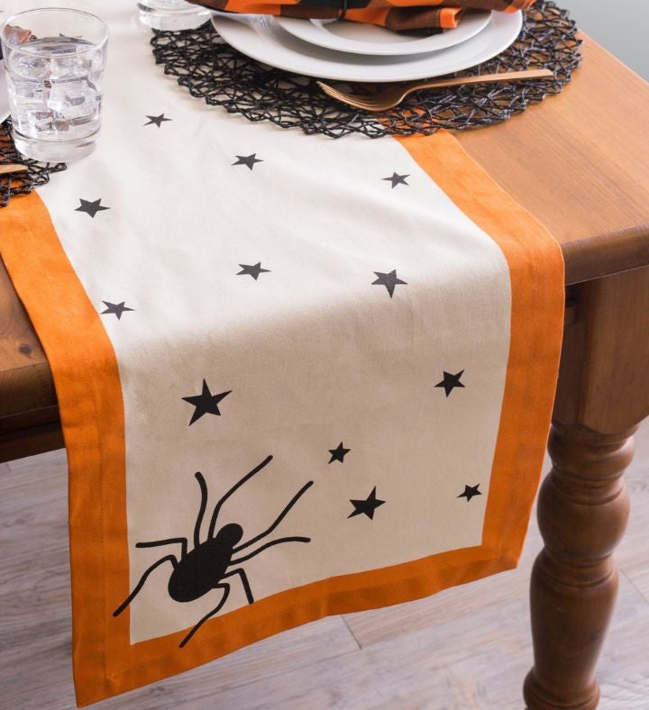 Spider & Stars Printed Rectangular Table Runner - 72" - Beige & Orange