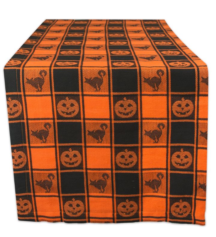 Jack Lanterns & Cats Halloween Cotton Table Runner   72"   Orange & Black