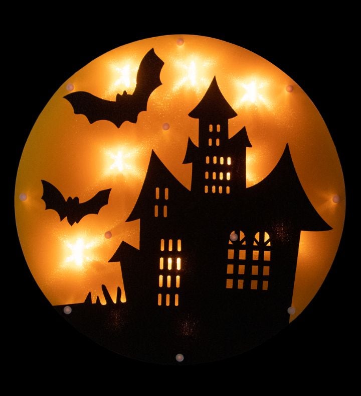 Lighted Haunted House Halloween Window Silhouette - 13.75" - Clear Lights