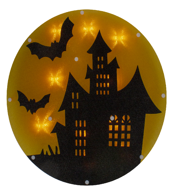 Lighted Haunted House Halloween Window Silhouette   13.75"   Clear Lights