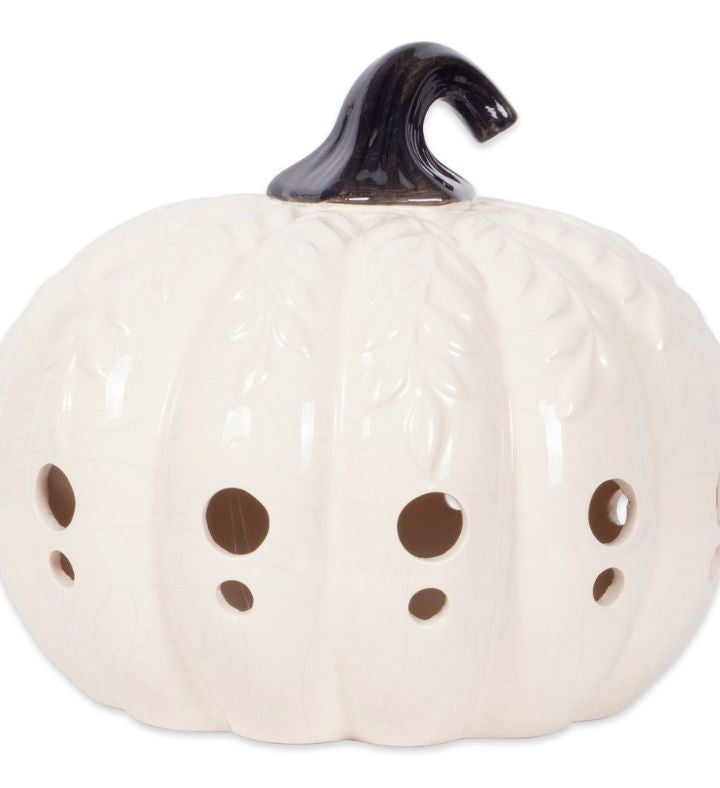 9" White And Black Leaves Pumpkin Lantern Halloween Decor