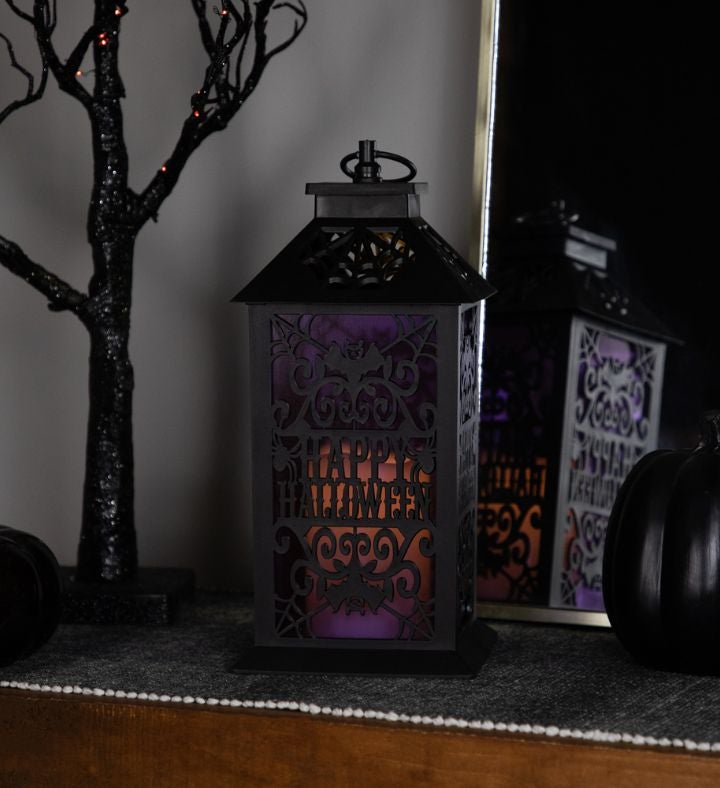 Led Lighted Bats "happy Halloween" Candle Lantern - 11" - Black