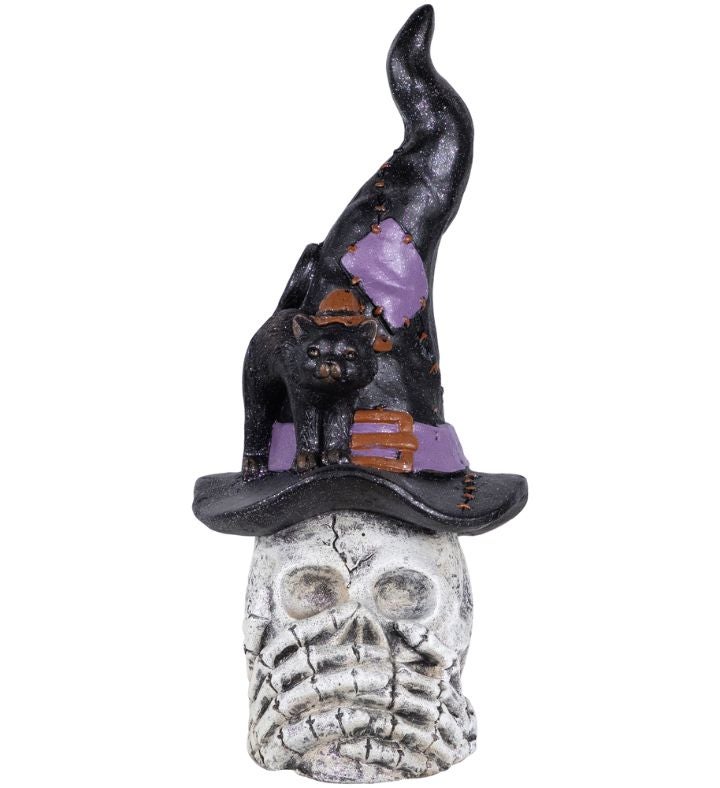 Skull & Skeleton H&s In Witch Hat With Black Cat Decoration   22.75"