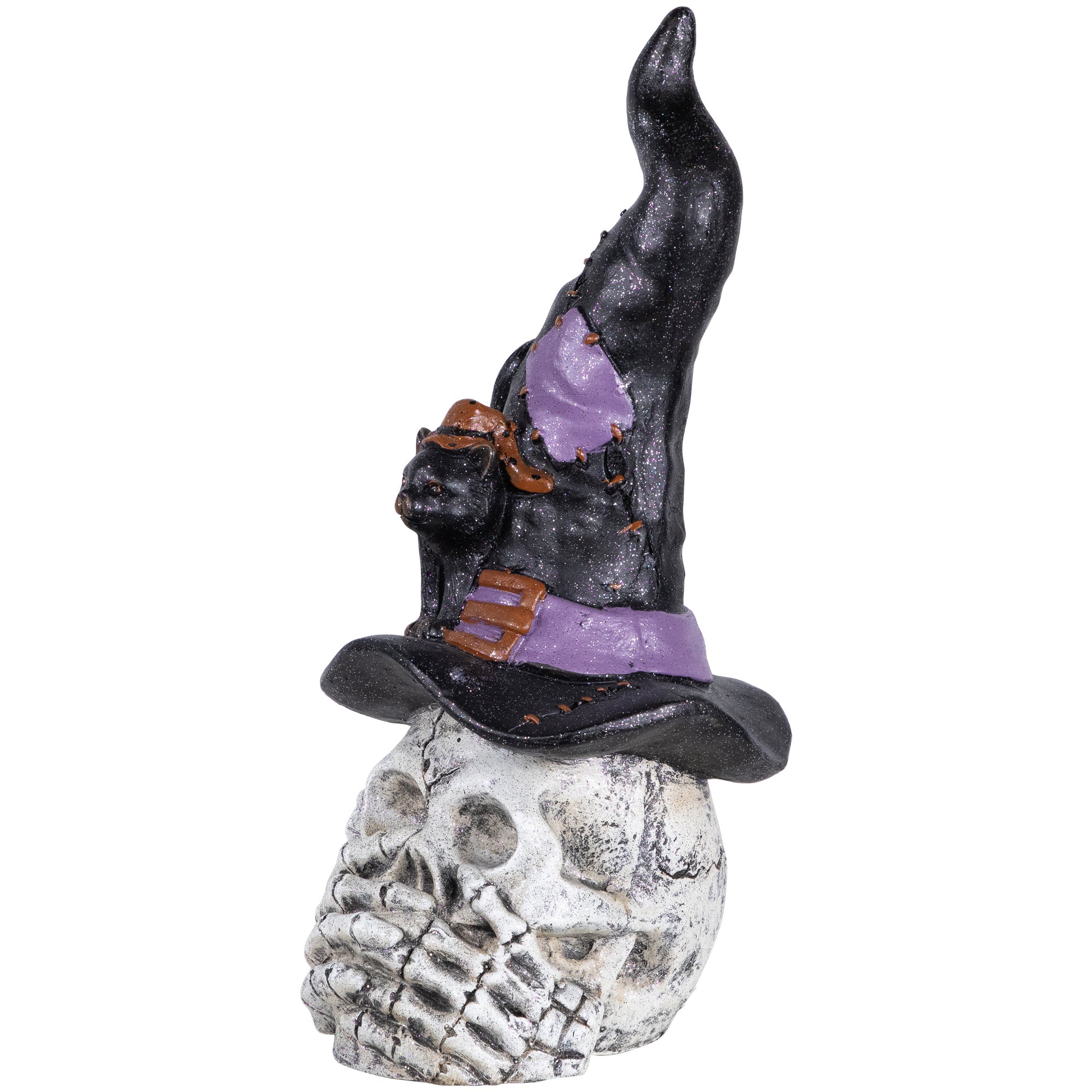 Skull & Skeleton H&s In Witch Hat With Black Cat Decoration - 22.75"