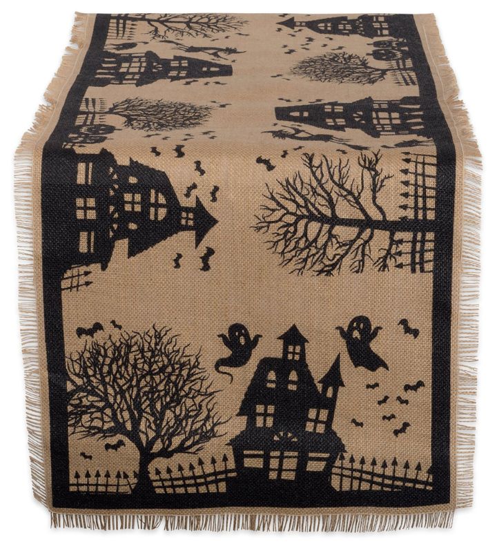 Haunted House Fringed Halloween Table Runner   108"   Black And Brown