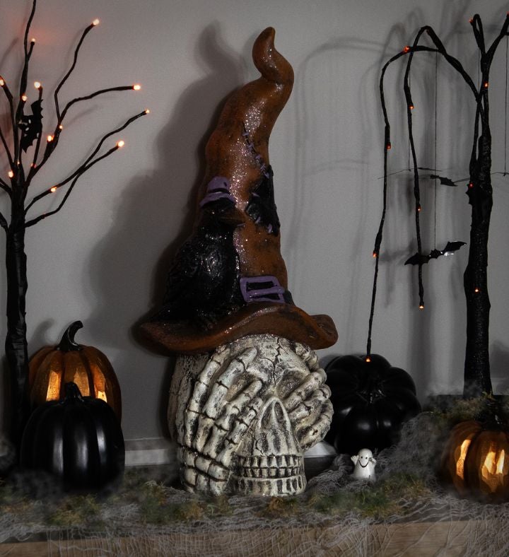 Skull In Witches Hat With Crow Halloween Decoration - 22.75"