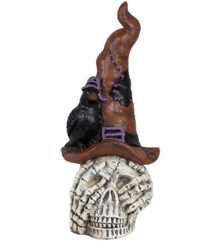 Skull In Witches Hat With Crow Halloween Decoration   22.75"