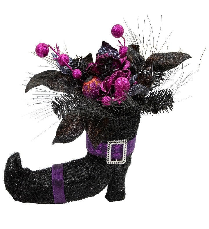 12" Black Witch's Boot With Purple Glittered Roses Halloween Decoration