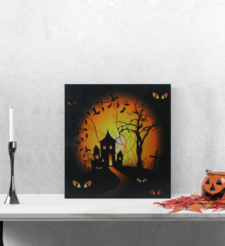 Led Lighted Spooky House Halloween Canvas Wall Art - 19.75" X 19.75"