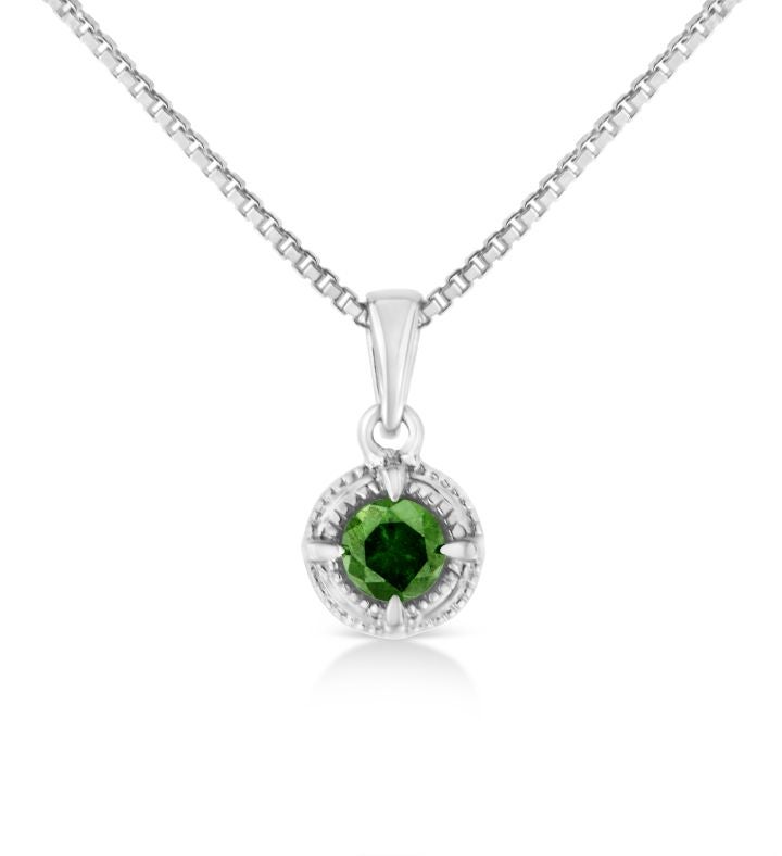 925 Sterling Silver Treated Green Diamond Solitaire Milgrain Pendant