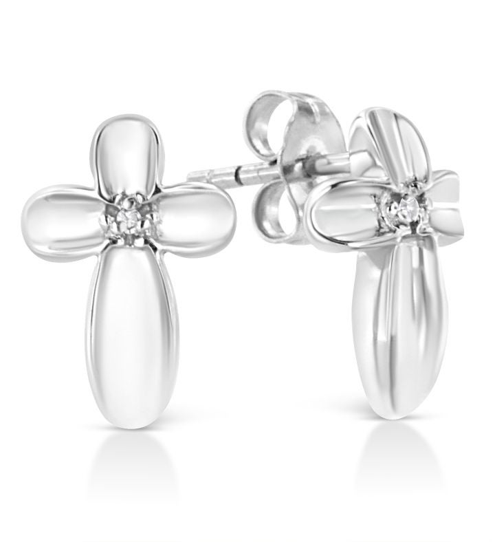 925 Sterling Silver Prong Set Diamond Accent Floral Cross Stud Earring