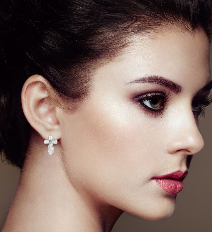 925 Sterling Silver Prong Set Diamond Accent Floral Cross Stud Earring