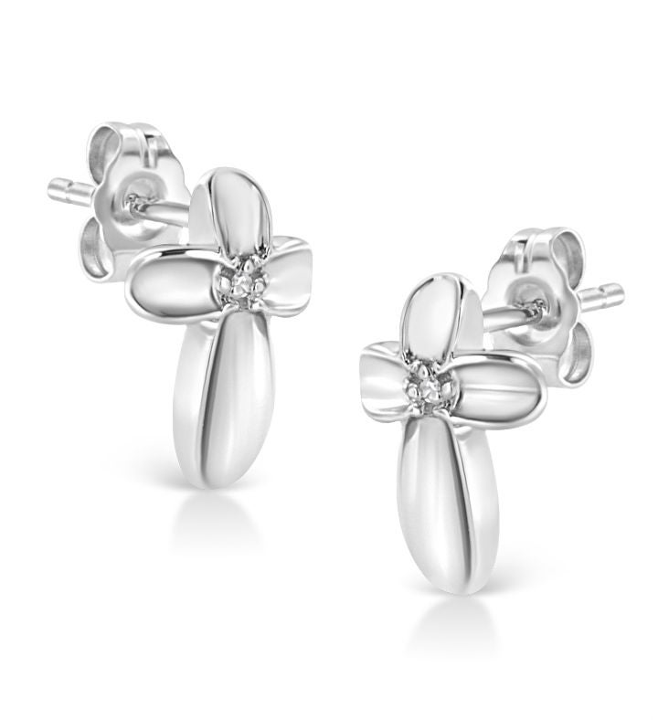925 Sterling Silver Prong Set Diamond Accent Floral Cross Stud Earring