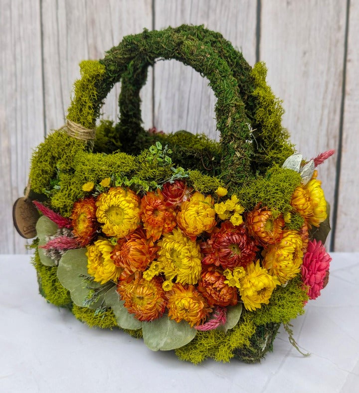 Unique Moss Purse With Preserved Flowers