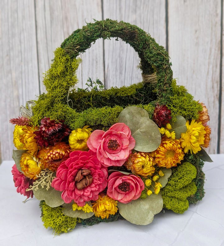 Unique Moss Purse With Preserved Flowers