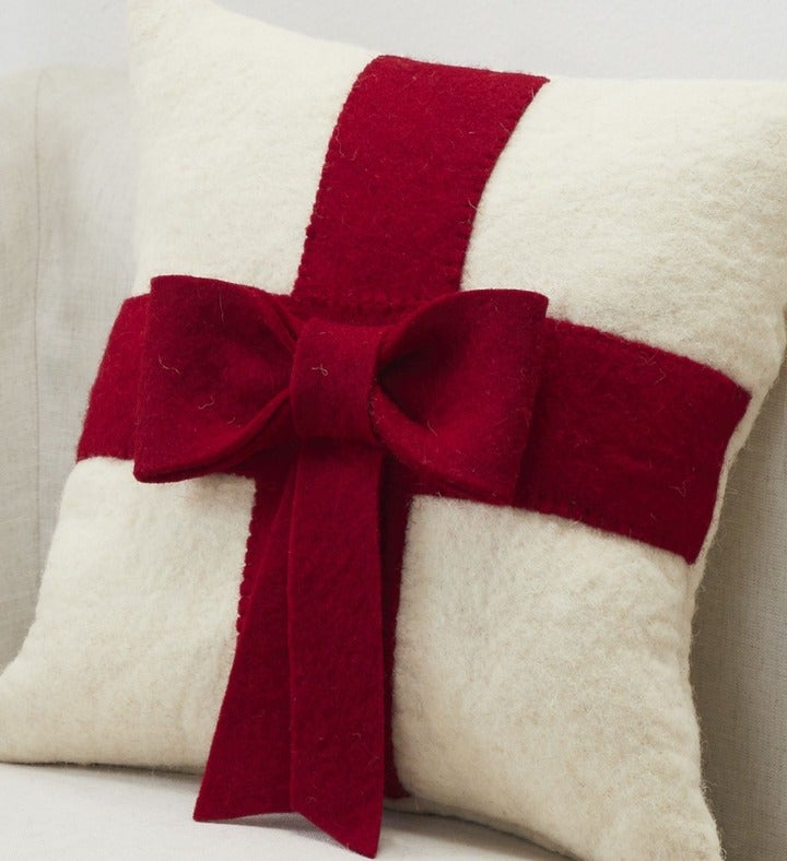 Handmade Christmas Pillow Red Bow On Cream Cover In Hand Felted Wool