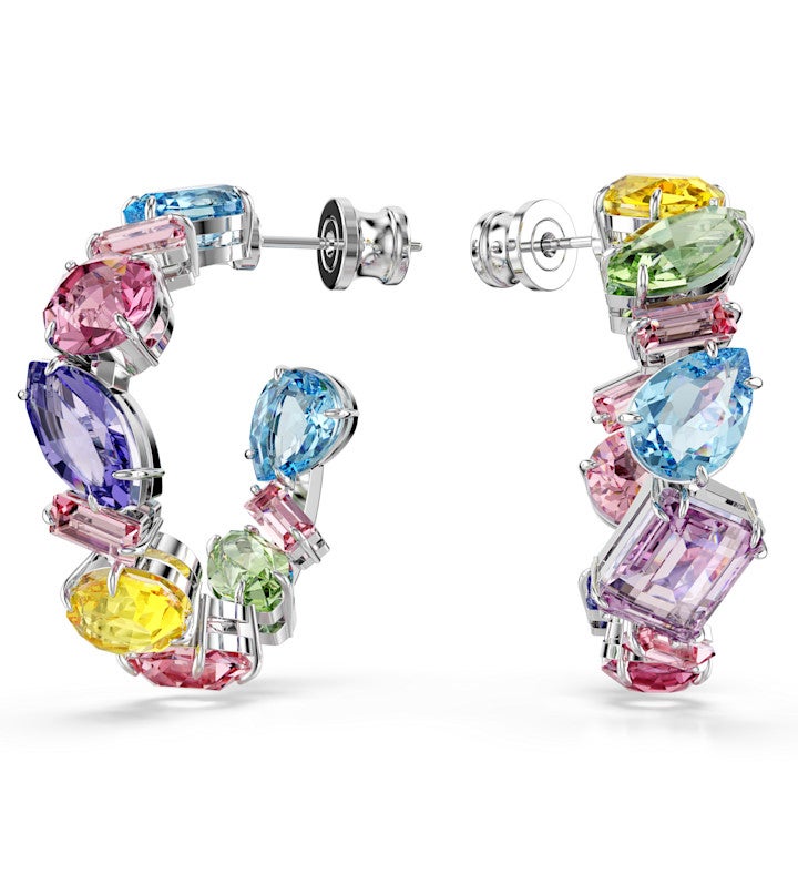 Gema Hoop Earrings, Mixed Cuts, Multicolotred, Rhodium Plated