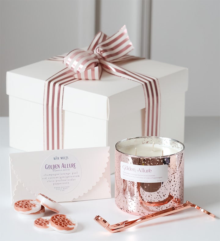 Golden Allure Gift Set: Candle, Wax Melts & Rose Gold Wick Trimmer Bundle