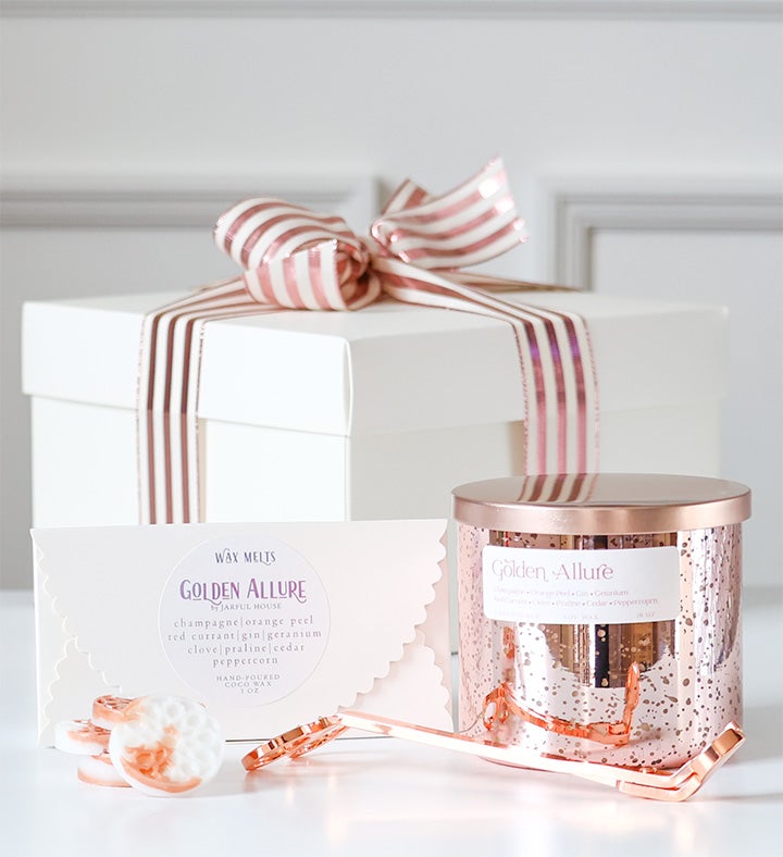 Golden Allure Gift Set: Candle, Wax Melts & Rose Gold Wick Trimmer Bundle