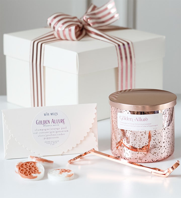 Golden Allure Gift Set: Candle, Wax Melts & Rose Gold Wick Trimmer Bundle