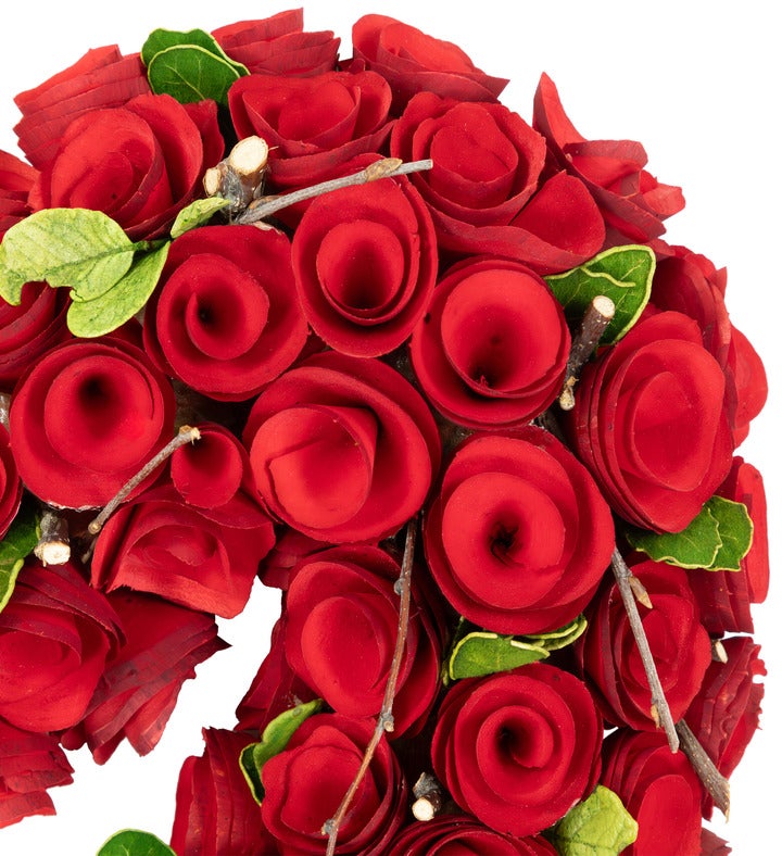 Wooden Roses Floral Artificial Valentine's Day Heart Wreath - 13.5" - Red