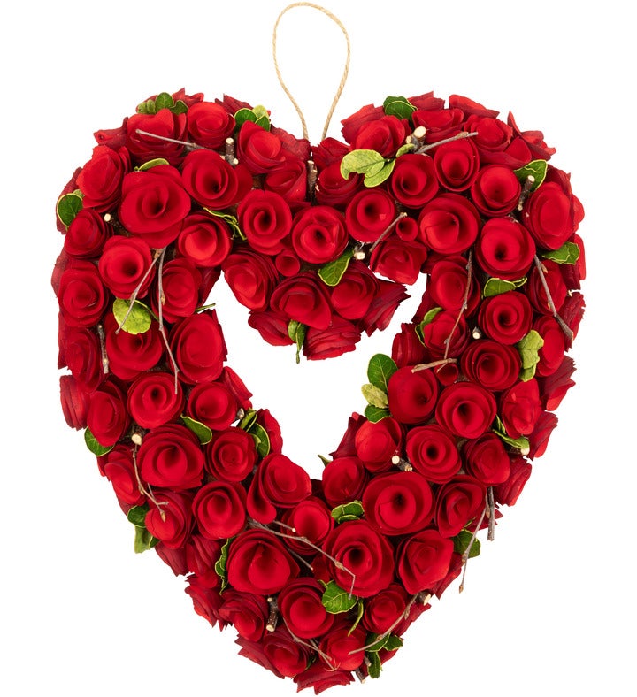 Wooden Roses Floral Artificial Valentine's Day Heart Wreath   13.5"   Red