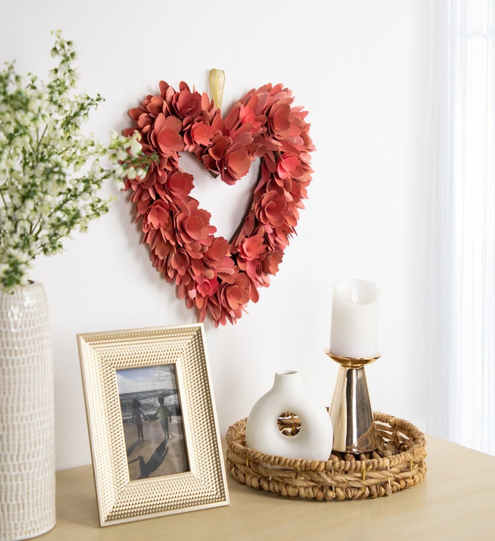 14" Salmon Pink Valentine's Day Wooden Floral Heart Wreath