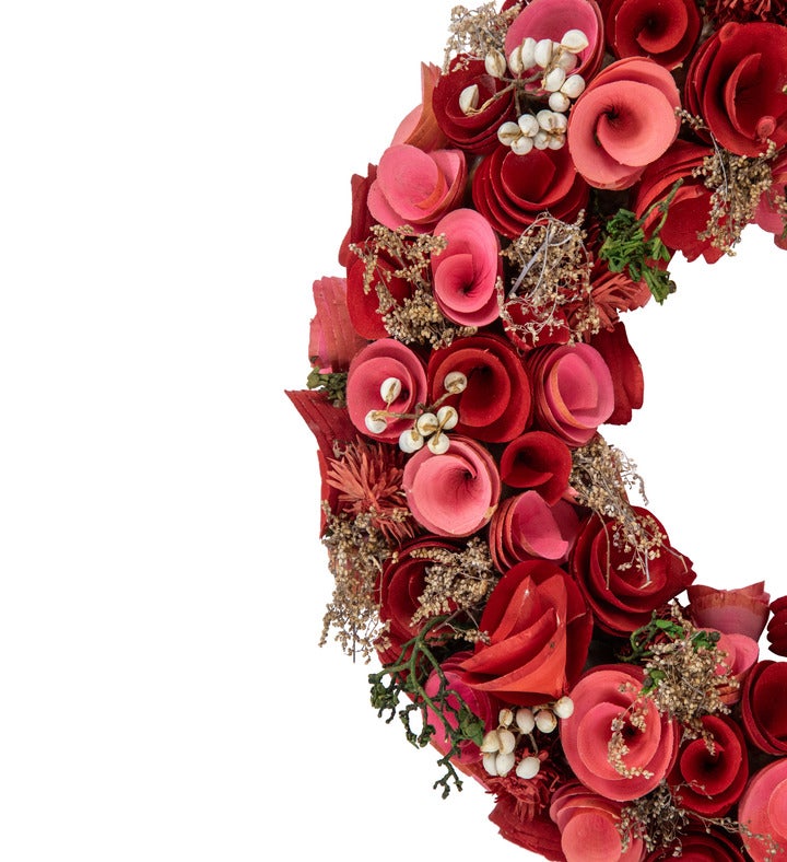 Wooden Roses Artificial Valentine's Day Wreath - 12.25" - Pink And Red