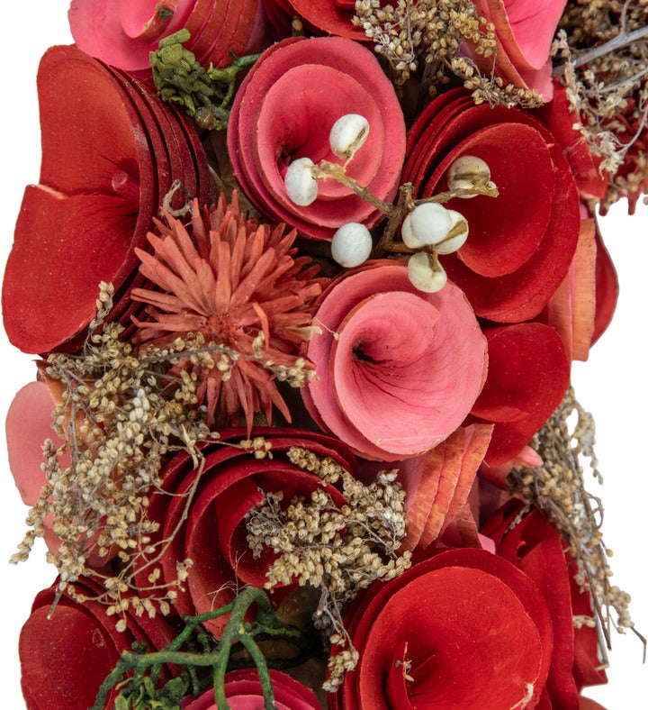 Wooden Roses Artificial Valentine's Day Wreath - 12.25" - Pink And Red