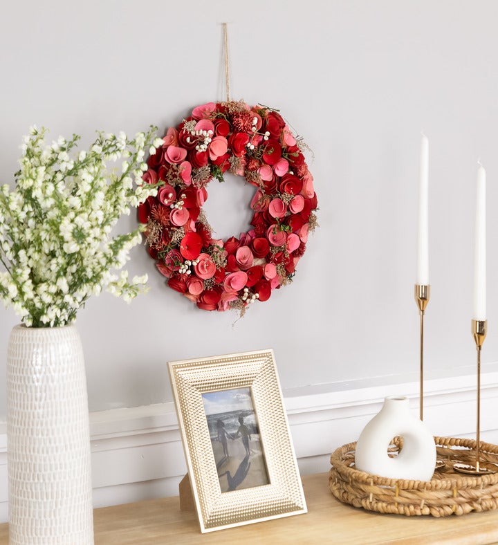 Wooden Roses Artificial Valentine's Day Wreath - 12.25" - Pink And Red
