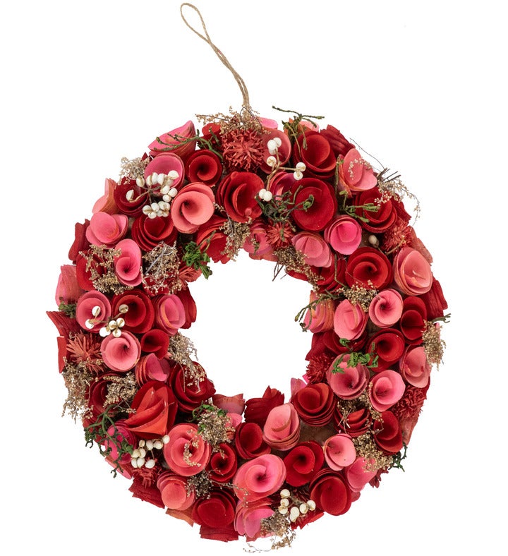 Wooden Roses Artificial Valentine's Day Wreath   12.25"   Pink And Red