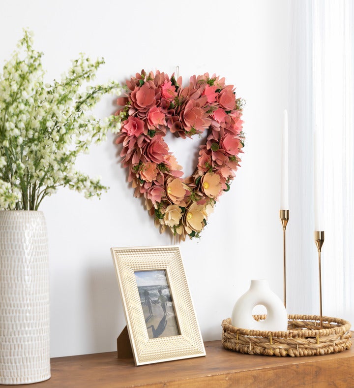 Mixed Floral Artificial Valentine's Day Heart Wreath - 15" - Pink & Yellow