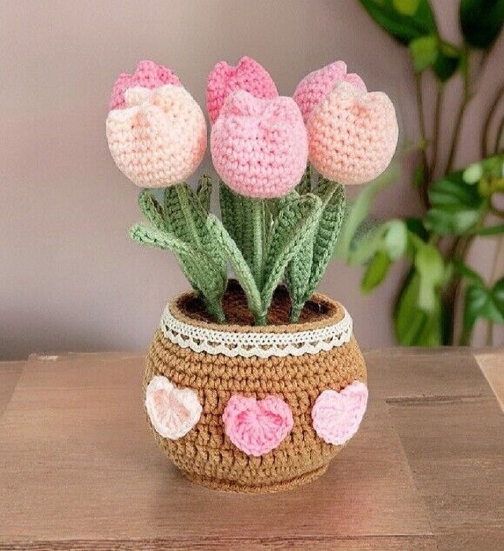 Crochet Tulips In Crochet Pot