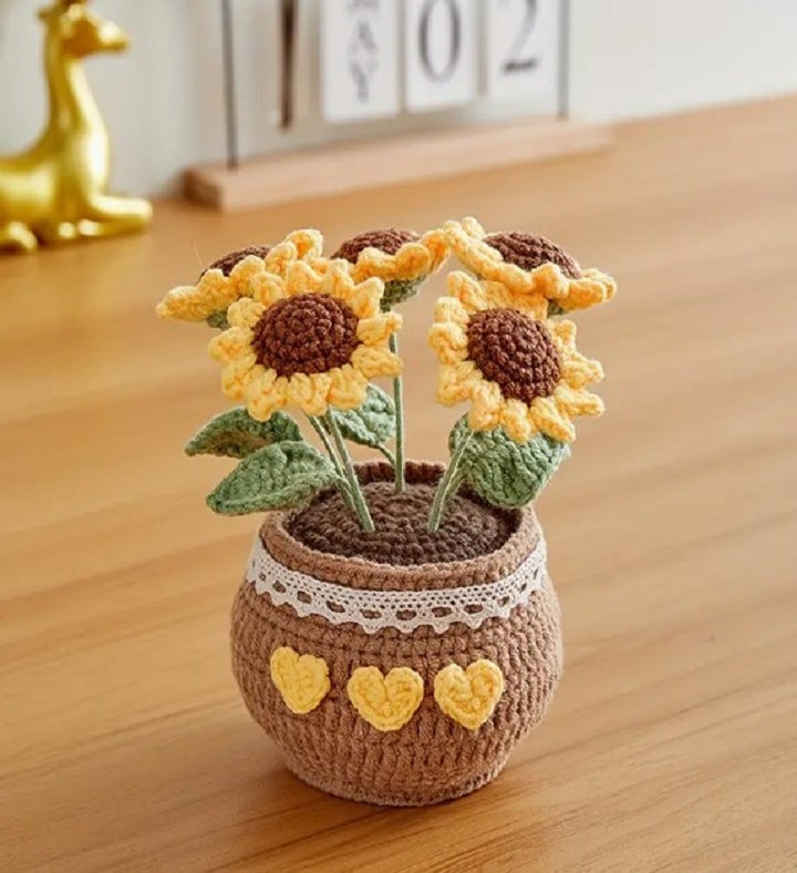 Crochet Sunflowers In Crochet Pot