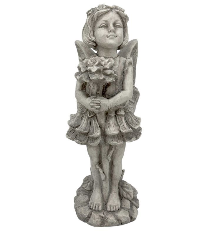 Grey Resin Fairy With Bouquet Garden Statue 20"