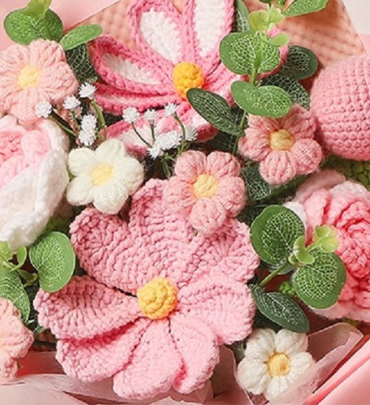 Crochet Pink Tulip Rose Flowers Bouquet