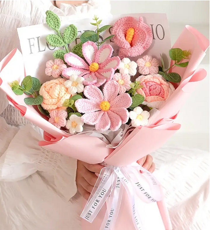 Crochet Pink Tulip Rose Flowers Bouquet