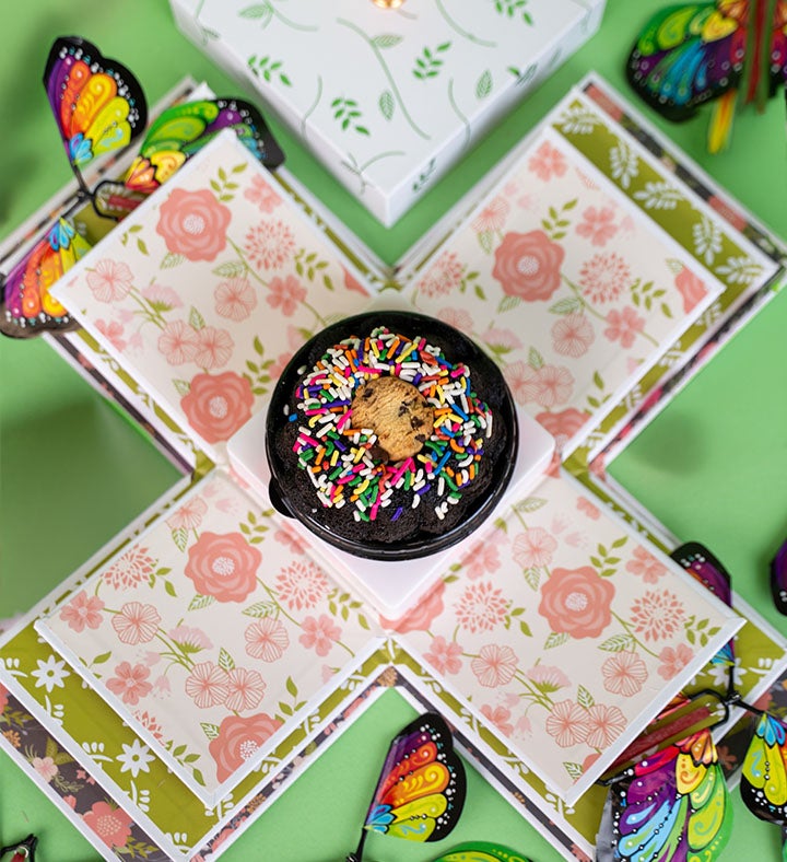 Blossom Box Gift With Butterfly Surprise and Chocolate Cake