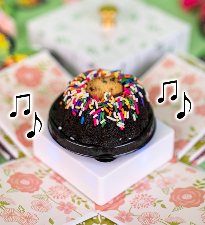 Chocolate Cake Bloom Box With Celebration Spinning Music Stand