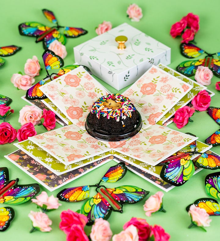 Blossom Box Gift With Butterfly Surprise, Faux Flowers and Chocolate Cake Bloom Box