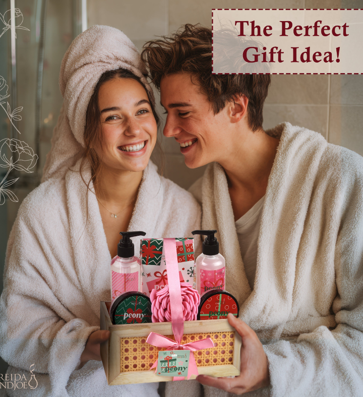 Pink Peony Fragrance Bath & Body Spa Gift Set in Natural Wood Basket