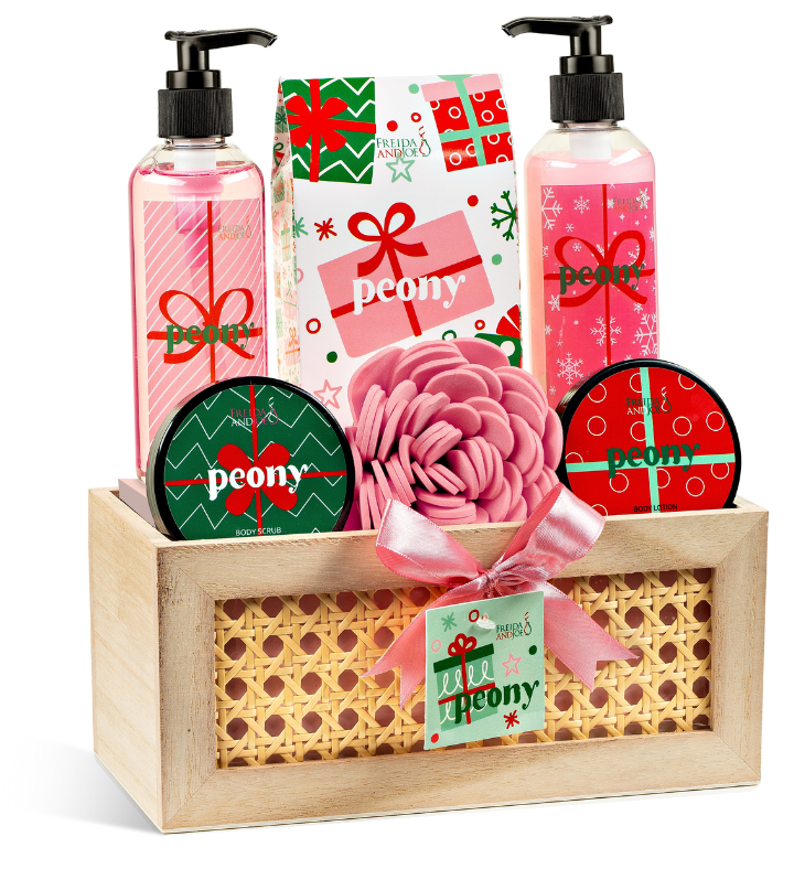 Pink Peony Fragrance Bath & Body Spa Gift Set in Natural Wood Basket