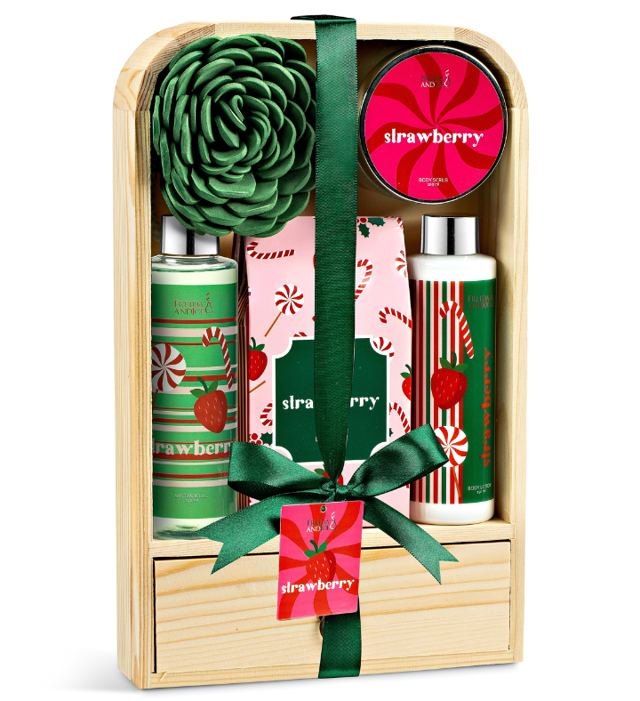 Elegant Modern Strawberry Bath and Body Gift Set in a Natural Wood Curio